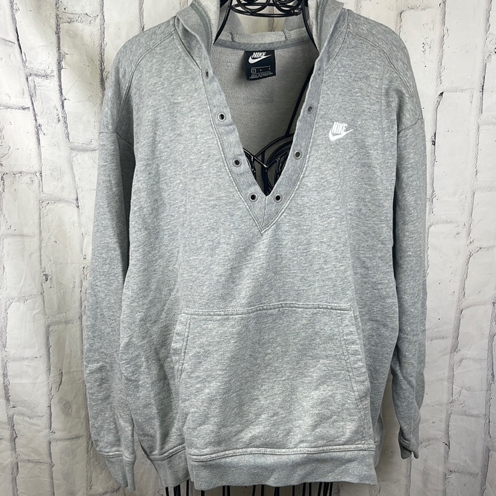Nike Hoodie Sweatshirt Lace-Up High-Low Kangaroo Pocket Grey